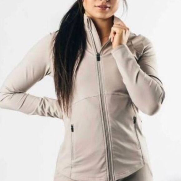 Alphalete Women’s M Full Zip Pro Elite Performance Jacket Beige Sand Fitted‎ Gym - Picture 7 of 11
